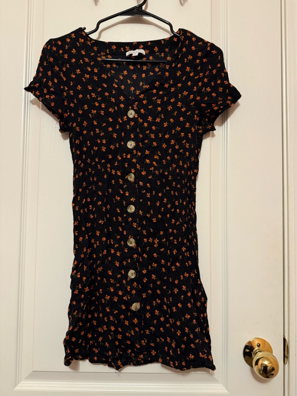 Patrons of Peace Black Mini Dress with Orange Floral Print